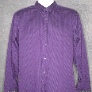 Paul Smith Mens Slim Fit Purple Striped Button-Up Shirt 16.5 Floral Cuffs Italy
